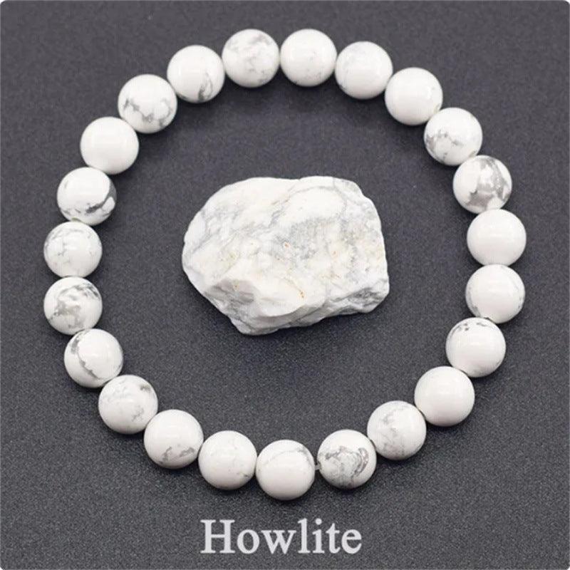 Detailed view of the Howlite bracelet, capturing its natural grey veins and soothing energy.